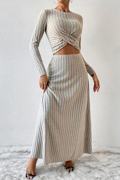 Ribbed Round Neck Top and Skirt Set