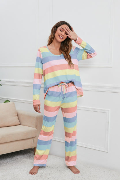 Striped Round Neck Long Sleeve Top and Drawstring Pants Lounge Set